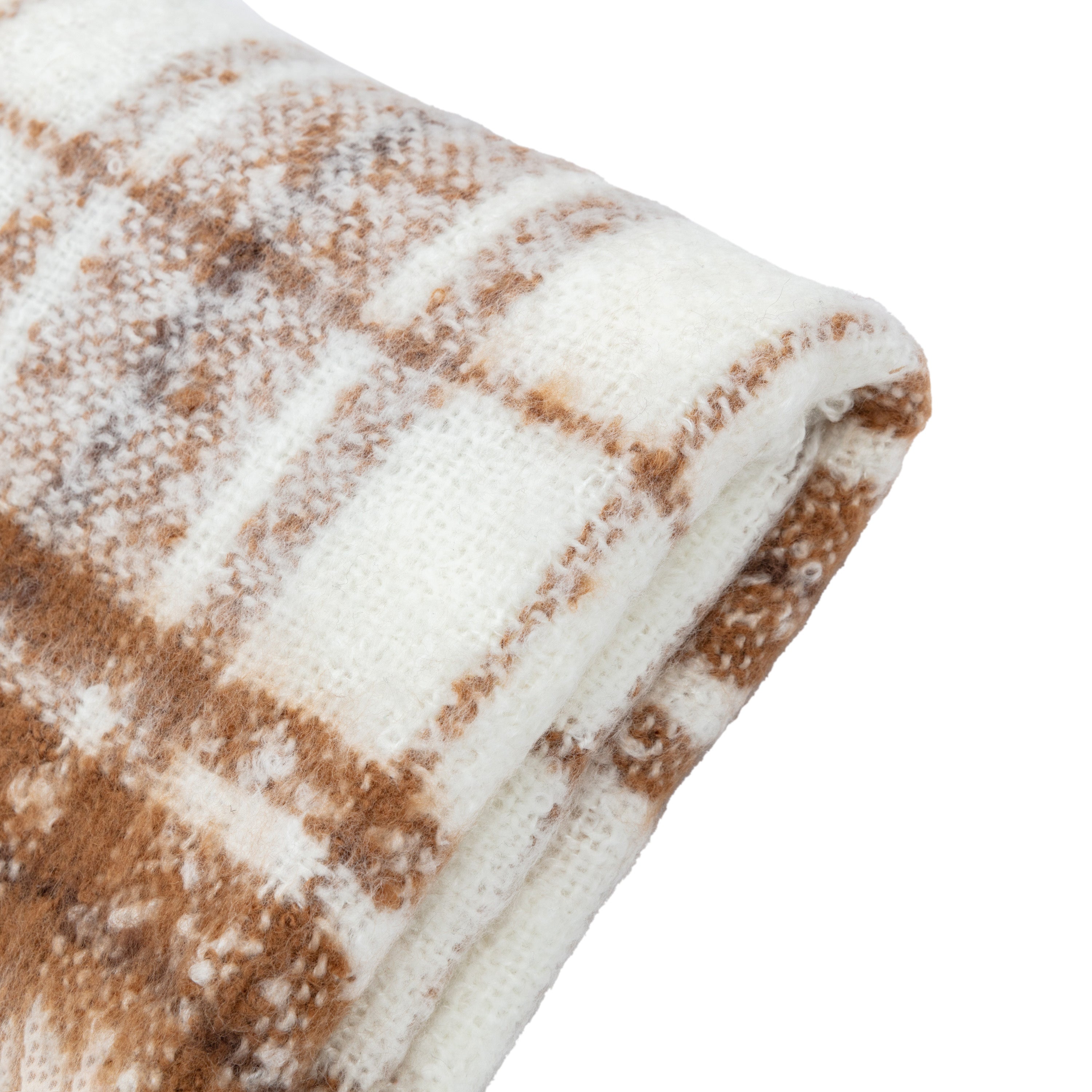 Check Faux Mohair Cream & Tan Brown Throw